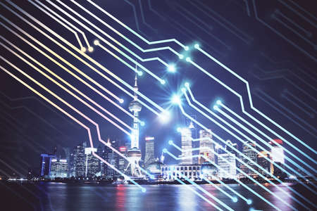 Data theme hologram drawing on city view with skyscrapers background multi exposure. Ai concept.の写真素材