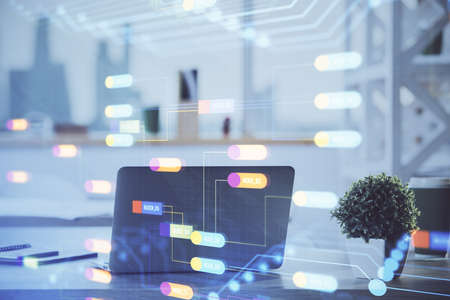 Double exposure of desktop with computer on background and tech theme drawing. Concept of big data.の写真素材