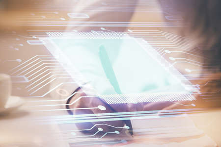 Man in white shirt with technology icons. . Double exposure. Network and data concept.