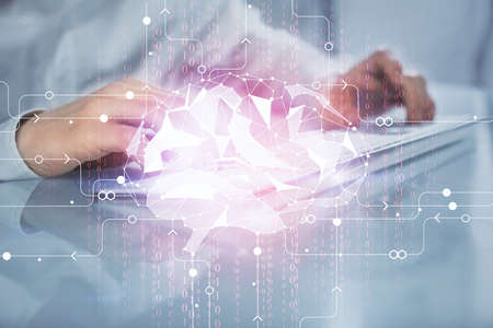 Man with computer background with brain theme hologram. Concept of brainstorm. Double exposure.
