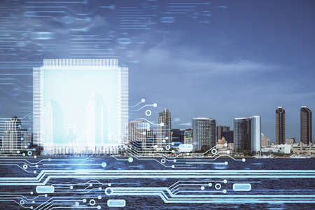 Data theme hologram drawing on city view with skyscrapers background multi exposure. Bigdata...