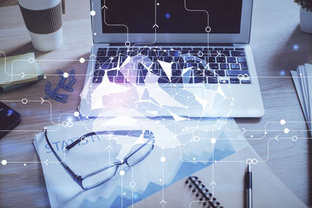 Double exposure of desktop computer and human brain drawing hologram. Ai concept.