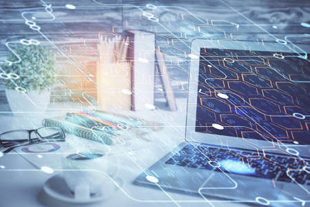 Multi exposure of desktop with computer on background and tech theme drawing. Concept of big data.