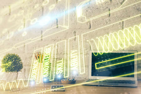 Desktop computer background and education theme drawing. Double exposure. Study concept.