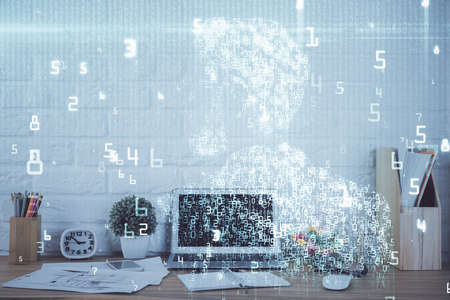 Multi exposure of desktop with personal computer and tech theme drawing. Concept of Bigdata.