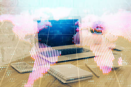 Multi exposure of business theme icons and work space with computer background. Concept of success.
