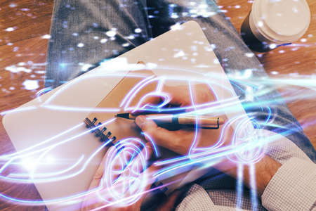 Human hands background and autonomous self drive pilot vehicle concept. Multi exposure.