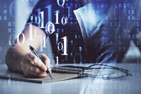 Multi exposure of womans writing hand on background with data technology hud. Concept of innovation.
