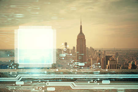 Data theme hologram drawing on city view with skyscrapers background double exposure. Technology concept.の写真素材