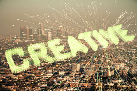 Double exposure of start up theme drawings over cityscape background. Concept of success.の写真素材