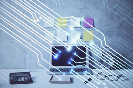 Multi exposure of table with computer on background and data theme drawing. Concept of innovation.の写真素材