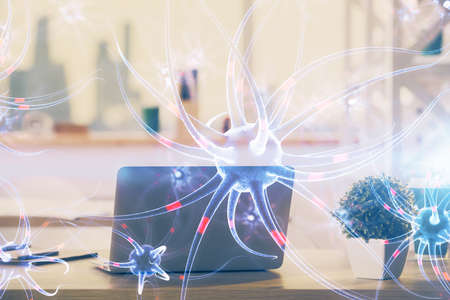 Desktop computer background and neuron drawing. Double exposure. Education concept.