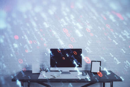 Double exposure of desktop computer and technology theme hologram. Concept of software development.の写真素材