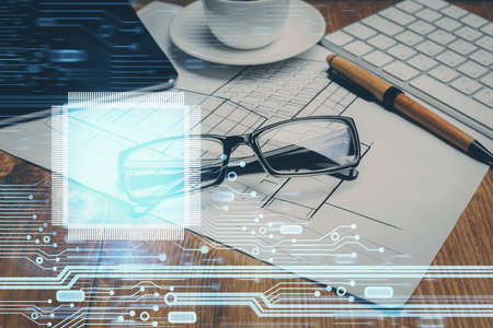 Data tech hologram with glasses on the table background. Concept of technology. Double exposure.の写真素材