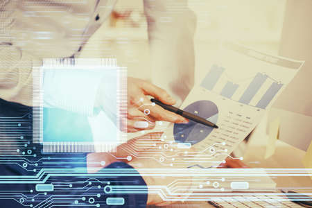 Writing mans hands background with data drawings. Double exposure. Network and data concept.