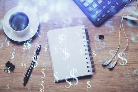 Multi exposure of forex chart drawing and work table top veiw. Concept of financial analysis.の写真素材