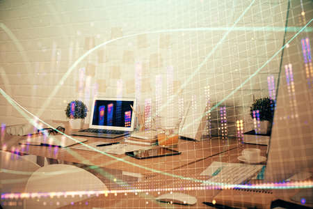 Multi exposure of stock market chart drawing and office interior background. Concept of financial...