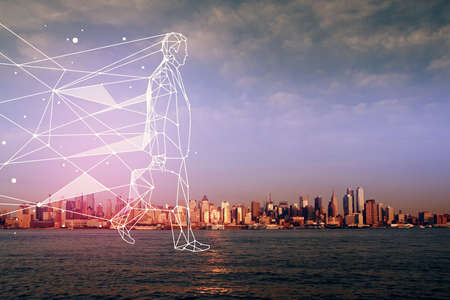 Double exposure of start up theme drawings over cityscape background. Concept of success.
