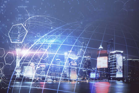 Map and data theme hologram on city view with skyscrapers background double exposure. International...