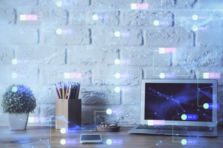 Double exposure of desktop with personal computer on background and tech theme drawing. Concept of data analysis.の写真素材