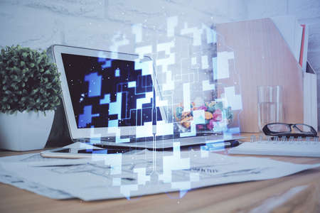 Multi exposure of desktop with personal computer and tech theme drawing. Concept of Bigdata.の写真素材