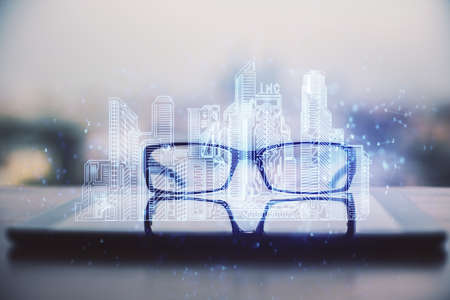 High tech appartment theme hologram with glasses on the table background. Double exposure.の写真素材