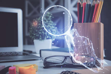 Startup drawing with glasses on the table background. Double exposure.の写真素材