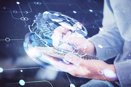 Humans hands with tech theme double exposure icons. Concept of big data.