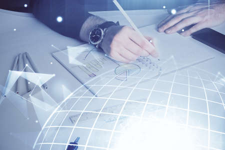 Mans hands with international data global network topic double exposure icon. Concept of globalization.の写真素材