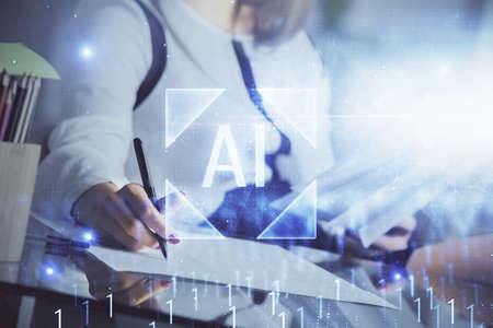 Multi exposure of womans writing hand on background with data technology hud. Big data concept.