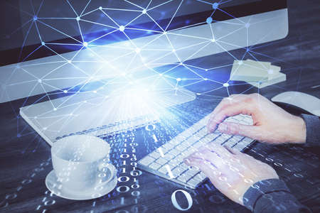 Double exposure of tech drawings with hands working on computer background. Concept of innovation.