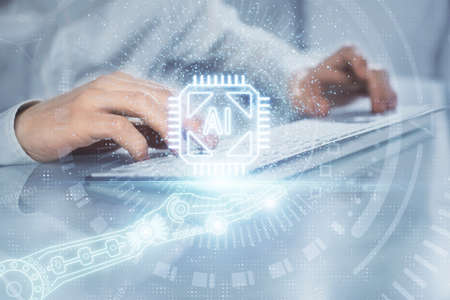 Multi exposure of tech drawings with man working on computer background. Concept of innovation.