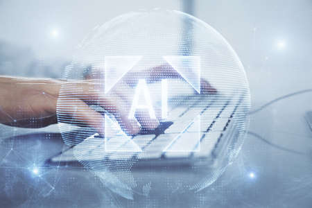 Double exposure of data internet theme hologram with man working on computer on background. Concept of innovation.の写真素材