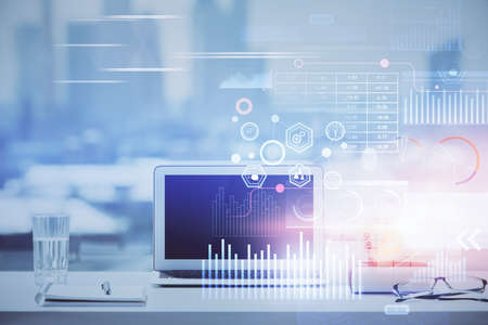 Multi exposure of table with computer on background and data theme drawing. Concept of innovation.の写真素材
