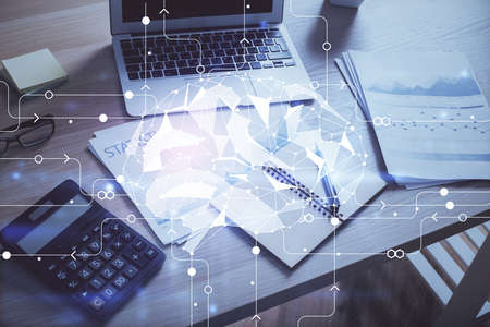 Double exposure of desktop computer and human brain drawing hologram. Ai concept.