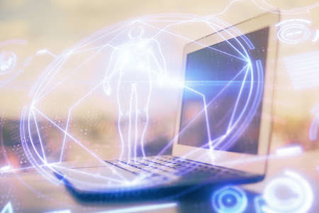 Desktop computer background and education theme drawing. Double exposure. Study concept.の写真素材