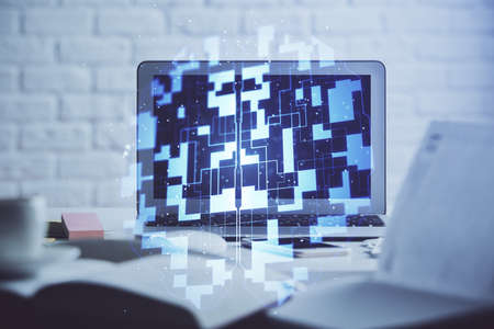 Multi exposure of desktop computer and technology theme hologram. Concept of software development.の写真素材