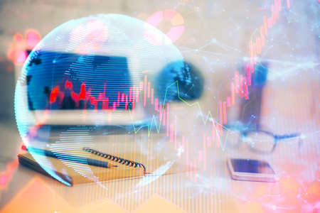 Multi exposure of business theme icons and work space with computer background. Concept of success.の写真素材