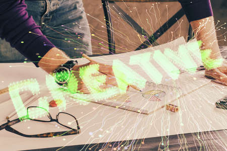 Creative start up concept hologram double exposure with human hand background.
