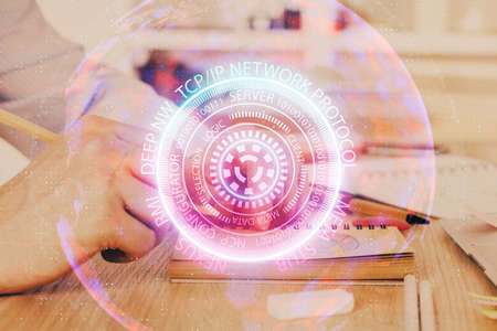 Close up of human hands background and abstract innovative technologies for industries. Multi...