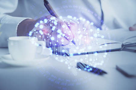 Brain multi exposure icon with man hands background. Concept of learning.