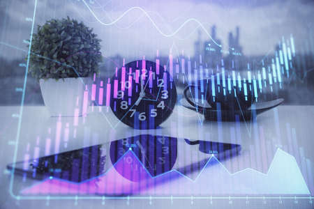 Double exposure of forex graph drawing and cell phone background. Concept of financial data analysis