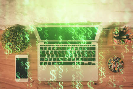 Multi exposure of financial chart drawing over table background with computer. Concept of research. Top view.の写真素材