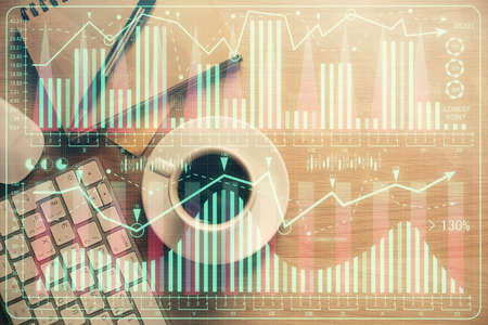 Multi exposure of forex chart drawing and work table top veiw. Concept of financial analysis.の写真素材