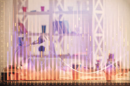 Double exposure of stock market graph drawing and office interior background. Concept of financial...