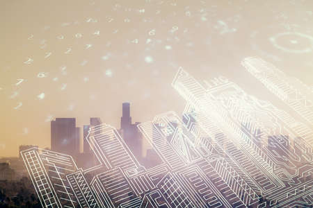 Double exposure of buildings hologram over cityscape background. Concept of smart city.の写真素材