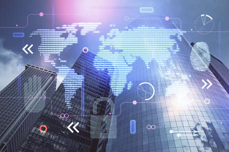 Map and data theme hologram on city view with skyscrapers background double exposure. International technology in business concept.の写真素材
