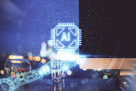 Multi exposure of desktop with computer on background and tech theme drawing. Concept of big data.