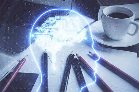 Double exposure of desktop computer and human brain drawing hologram. Ai concept.の写真素材
