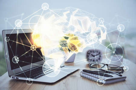 Double exposure of desktop computer and human brain drawing hologram. Ai concept.